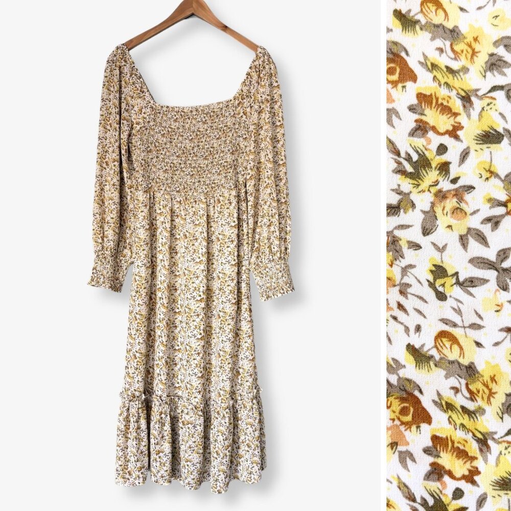 Promesa Long Sleeve Floral Midi Dress in Yellow and Brown